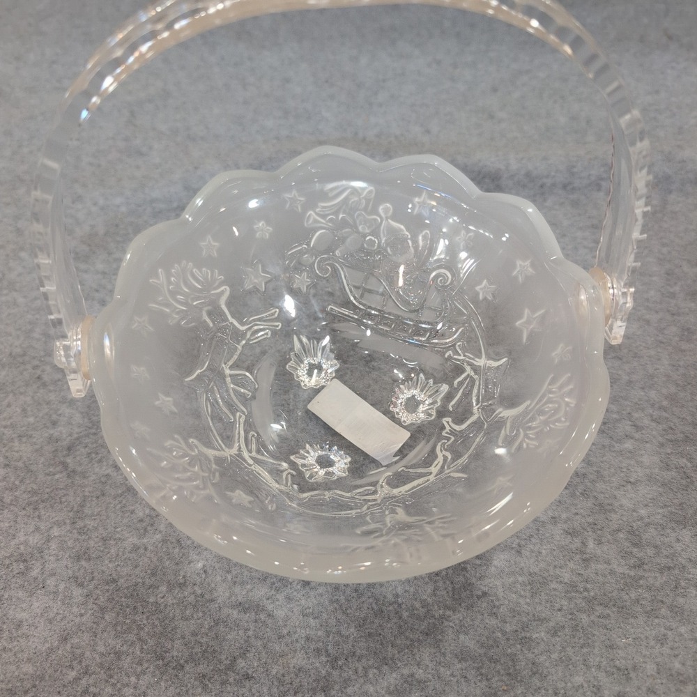 Mikasa Silent Night Handled Basket Clear Frosted Glass Christmas Santa Reindeer - Picture 3 of 6